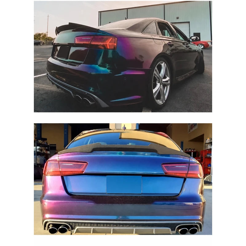 V Style carbon fiber trunk spoiler installed on wrapped Audi S6 - rear views