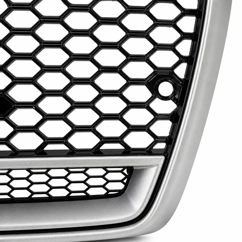 RS4 Style grille honeycomb mesh and silver frame close-up