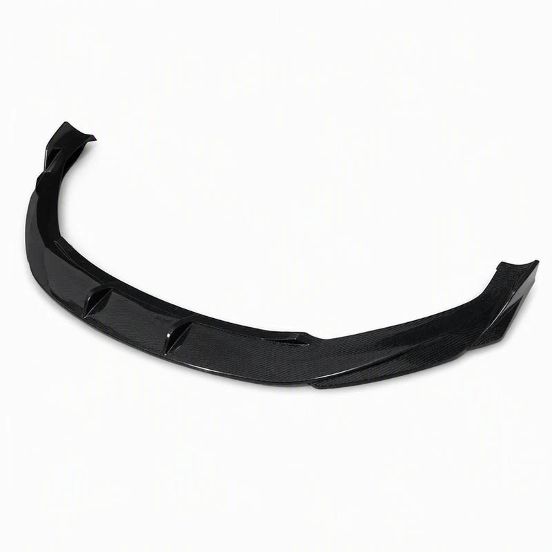 Carbon fiber front lip splitter three-quarter profile view