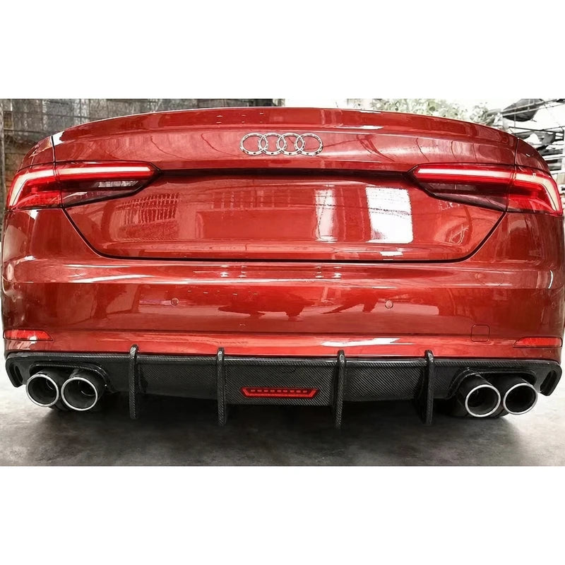 Carbon fiber rear diffuser installed on red Audi A5 - rear view